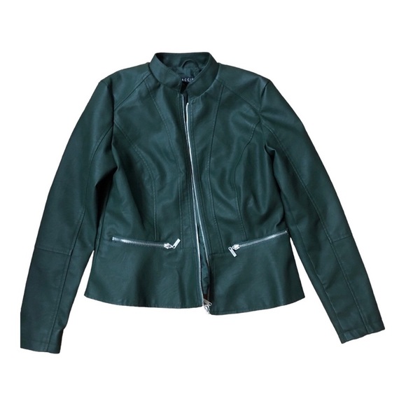Green‎ peplum fitted faux leather zip up moto biker jacket size small brand new - Picture 1 of 15
